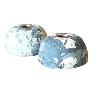 Boho Artisan Pigmented Plaster Scagliola Low Dome Candlestick Holders - Set of 2 For Sale