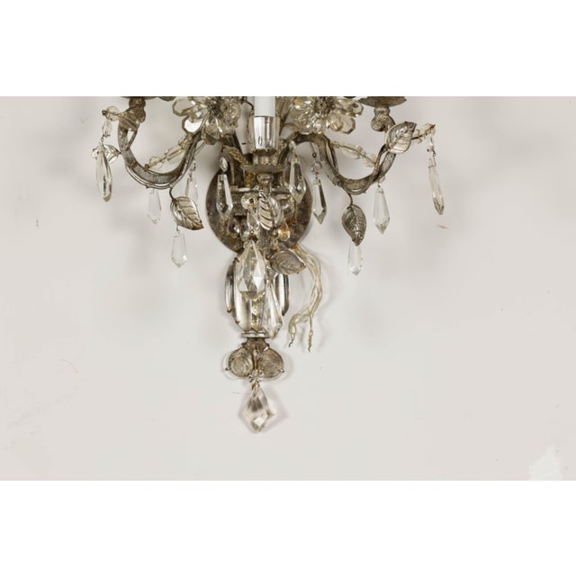 Transparent 1940s Maison Baguès Crystal Three-Arm Sconces with Floral Motifs, US Wired For Sale - Image 8 of 12