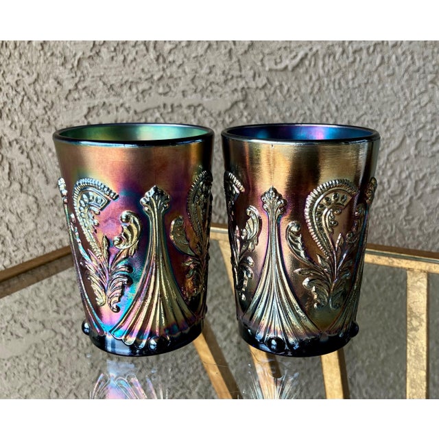 American Circa 1969 St. Clair Glass Inverted Fan & Feather Carnival Reproduction Iridescent Glass Tumblers – A Pair For Sale - Image 3 of 18