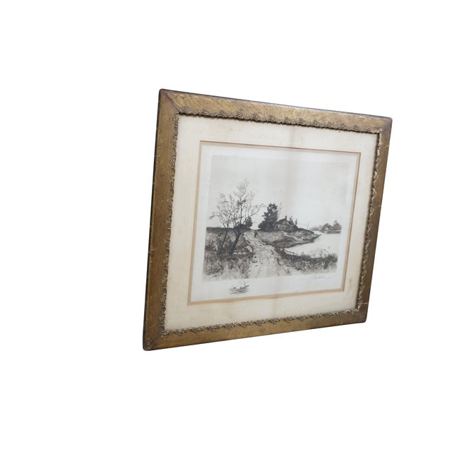 Late 19th century black and white etching by George William Bohde (American, 1870-1939). Country landscape / riverscape...
