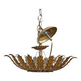 1950s Spanish Gilt Metal Leaf Light Fixture with Frosted Glass For Sale