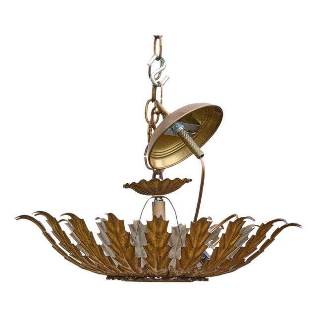 1950s Spanish Gilt Metal Leaf Light Fixture with Frosted Glass For Sale