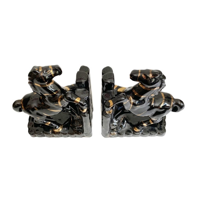 1950s 1950s Black Ceramic Horse Bookends - Black & Gold For Sale - Image 5 of 6