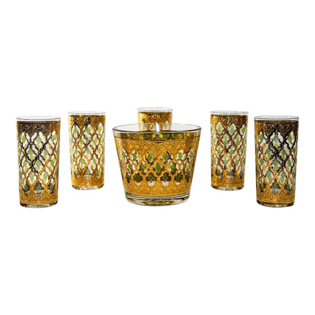 1960s Culver Ltd Highball Glasses and Ice Bucket 22 K Gold Valencia Design For Sale
