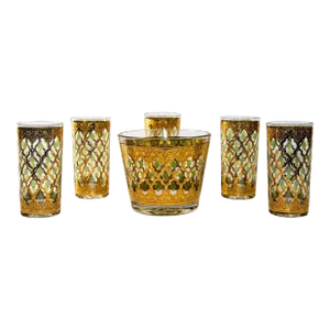 1960s Culver Ltd Highball Glasses and Ice Bucket 22 K Gold Valencia Design
