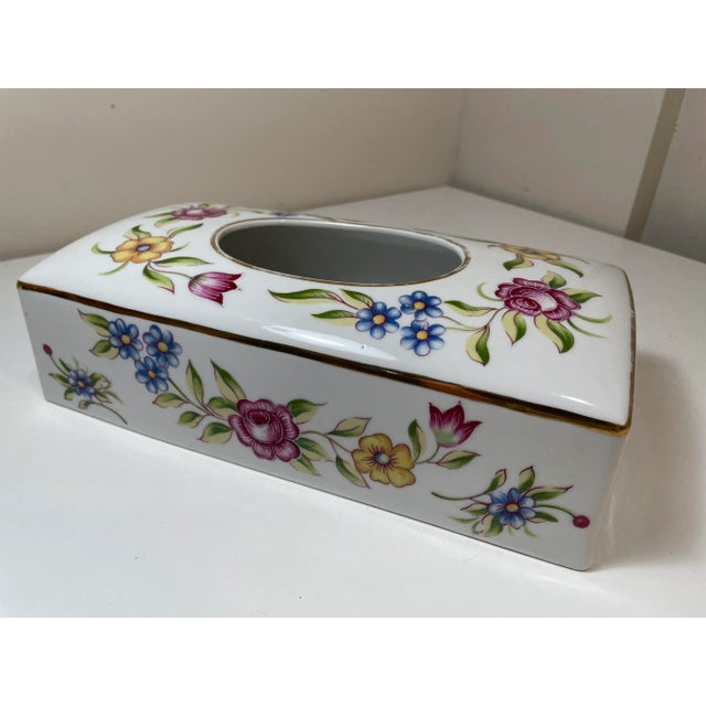 Vintage German Hand-Painted Porcelain Tissue Box Cover With Floral Decoration & Gold Trim For Sale - Image 10 of 11