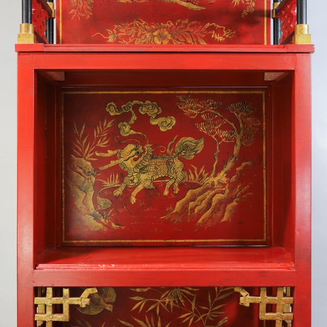 Red Pair of Vintage Louis XVI Style Chinoiserie Red Lacquer Display Cabinets For Sale - Image 8 of 17