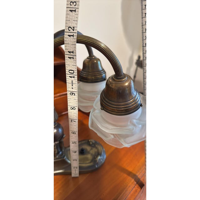 Metal Vintage Art Nouveau Double Gooseneck Lamp - White Frosted Rose Shades For Sale - Image 7 of 9