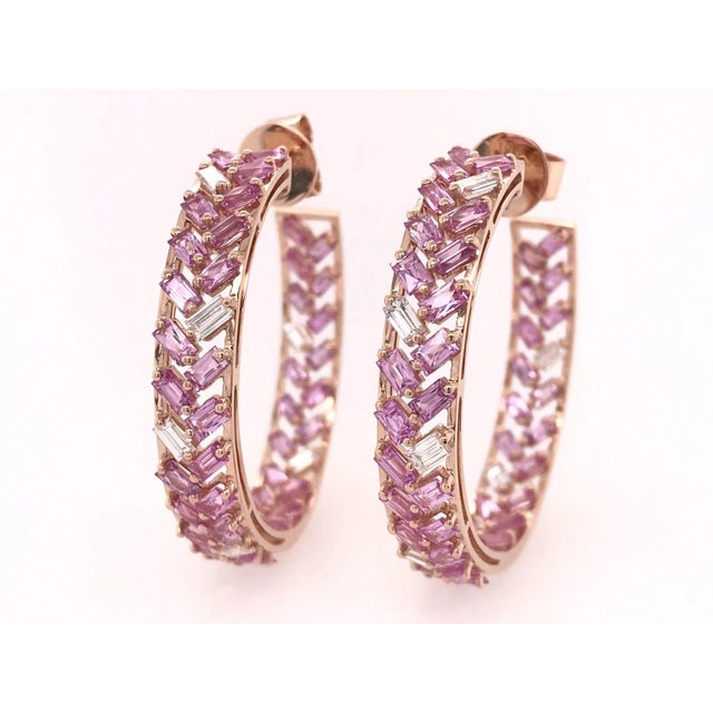 Pink Sapphire & Diamond Hoops Earrings 18kpg, A Pair For Sale - Image 4 of 5