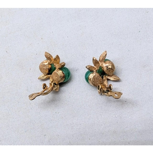 Metal Vintage 1960s Signed Panetta Goldtone Faux-Jade Clip Earrings-2 Pieces For Sale - Image 7 of 7