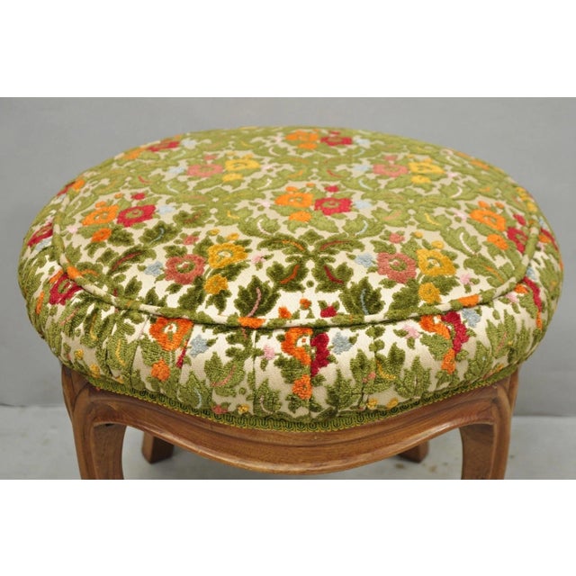 Vintage French Country Provincial Style Walnut Round Seat Vanity Bench Stool For Sale - Image 10 of 13