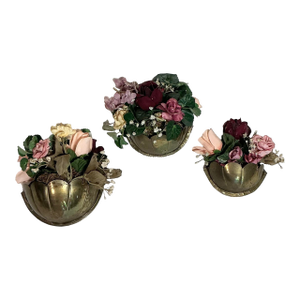 Vintage 1970s Solid Brass Wall Pocket Planters With Faux Floral Bouquets - Set of 3