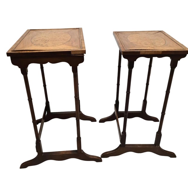 Traditional English Regency Revival Burl Wood & Inlaid Nesting Tables, Early 20th Century For Sale - Image 3 of 14