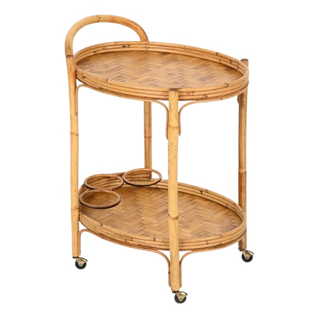 Mid-Century Italian Oval Serving Bar Cart Trolley in Bamboo and Rattan, 1960s For Sale