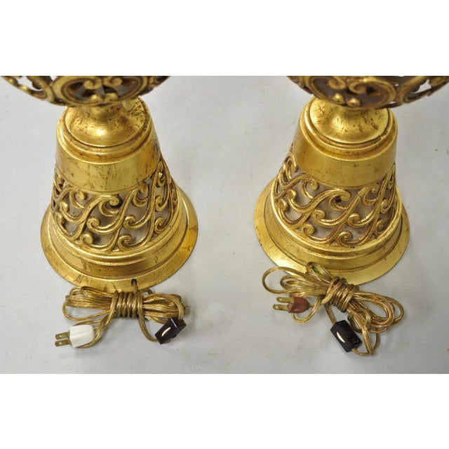 Vintage Italian Hollywood Regency Gold Gilt Iron Metal Fretwork Table Lamps Pair For Sale - Image 10 of 12