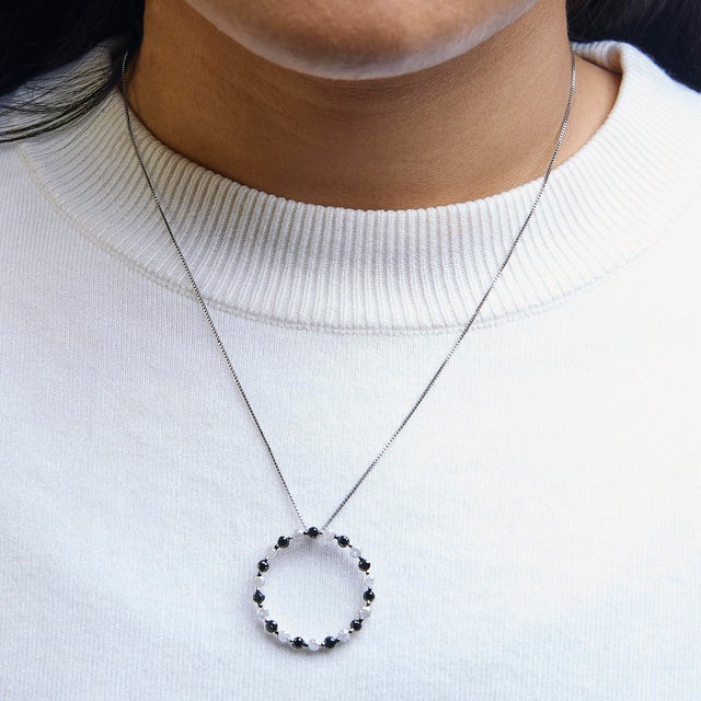 .925 Sterling Silver 1 3/4 Cttw Alternating Black and White Diamond Open Circle Hoop Pendant Necklace For Sale - Image 4 of 5