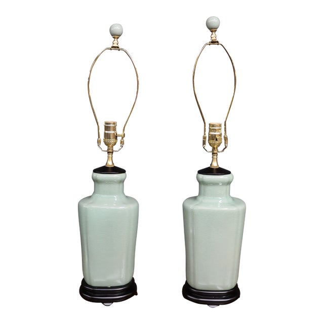 Pair of Celadon Chinoiserie Table Lamps For Sale