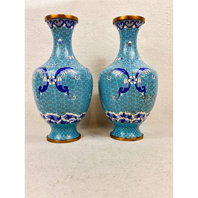 Chinoiserie Mid-20th Century Chinese Blue & White Cloisonné Brass Vases - A Pair For Sale - Image 3 of 8