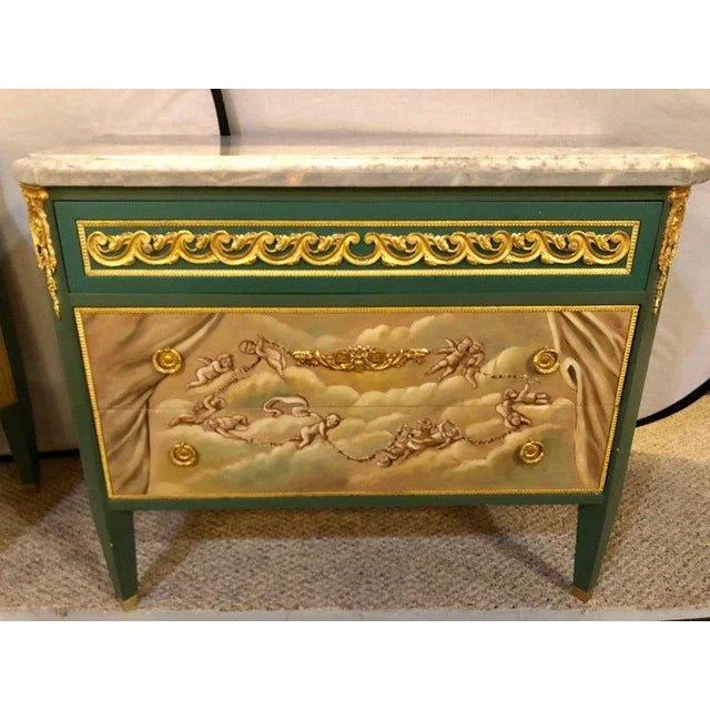 Hollywood Regency Paint Decorated Hollywood Regency Marble-Top Commodes Manner of M. Jansen, Pair For Sale - Image 3 of 13