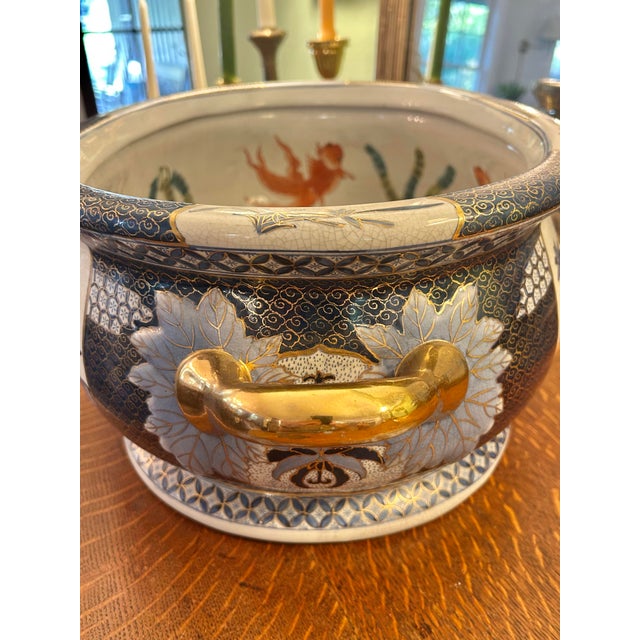Mid 20th Century Mid 20th Century Large 23” Blue and White Chinoiserie Imari Style Foot Bath Jardiniere For Sale - Image 5 of 12