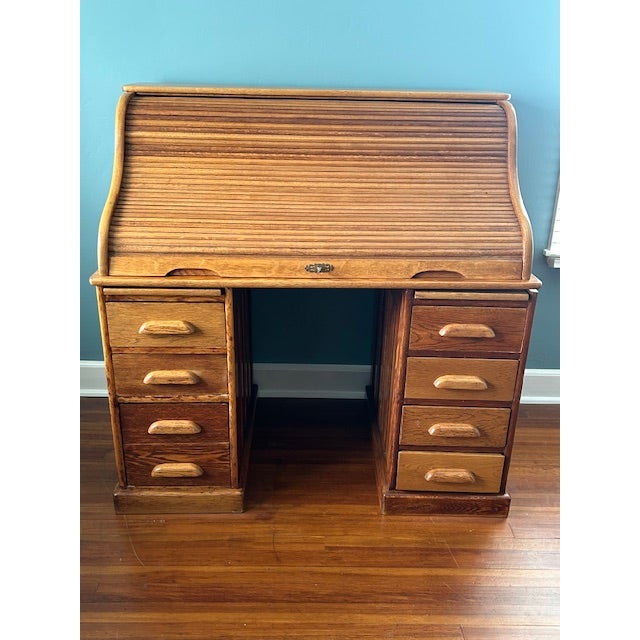 Arts & Crafts Rare Antique Oak S-Curve Roll Top Desk by Myrtle Desk With Vintage Pioneer Manufacturing Oak Desk Chair For Sale - Image 3 of 18
