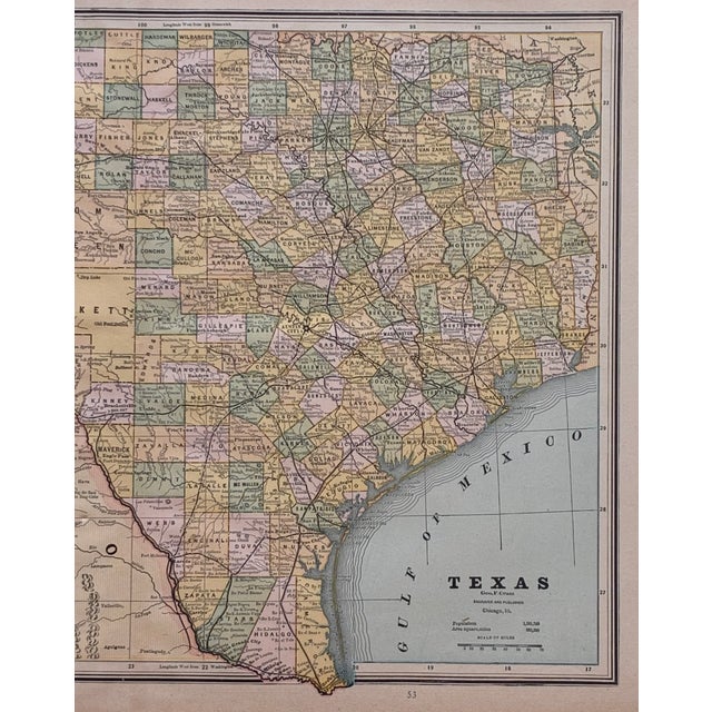 Traditional 19th Century George F. Cram "Texas" Full Sheet Atlas Map With Reverse Half Sheet "Arkansas" and "Indian Territory" Maps c.1887 For Sale - Image 3 of 17