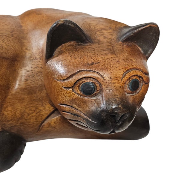 Brown Vintage Carved Wood Siamese Cat & Kittens – Primitive Folk Art Set of 4, 20.5" For Sale - Image 8 of 12