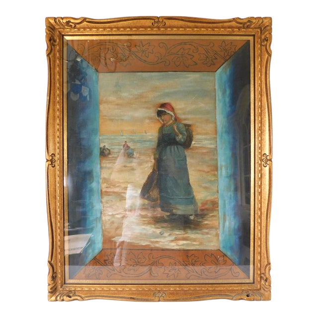 Large Vintage Figural Woman Gold Carved Wood Framed Print Wall Art Hanging New York For Sale