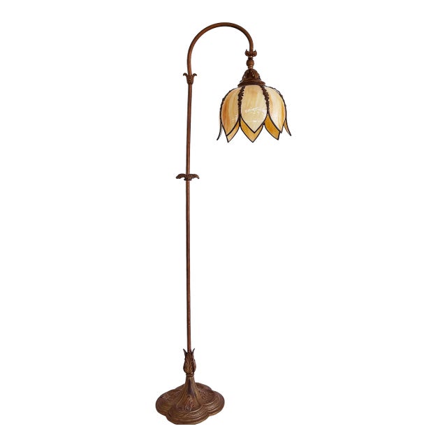 Art Nouveau Style Bridge Stained Glass Tulip Shade Floor Lamp For Sale