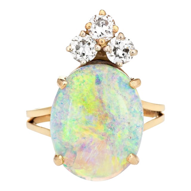 Natural Opal Diamond Ring Vintage 14k Yellow Gold Oval Crown Jewellery size 6 For Sale