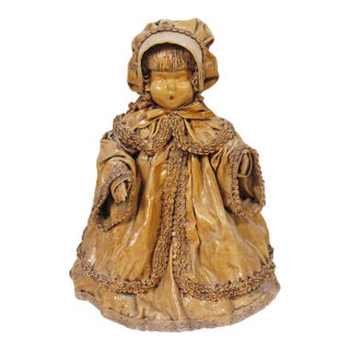 Antique Wax-Over Papier-Mâché Bonnet Doll Figure With Ceramic Face, 11” For Sale