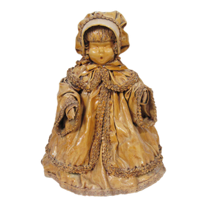 Antique Wax-Over Papier-Mâché Bonnet Doll Figure With Ceramic Face, 11”