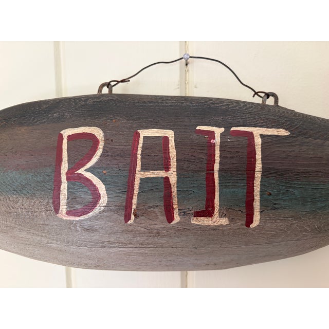 Vintage New England-Style Hand-Carved Fish Bait & Tackle Folk Art Sign For Sale In South Bend - Image 6 of 13
