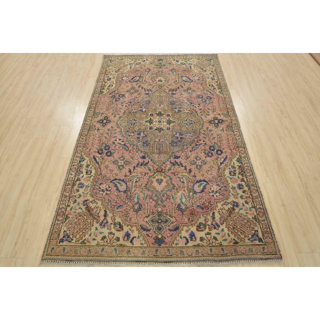 Farmhouse Tabriz Rug 5’3” X 8’4” Pink Wool Vintage Distressed Hand-Knotted Carpet For Sale - Image 3 of 12
