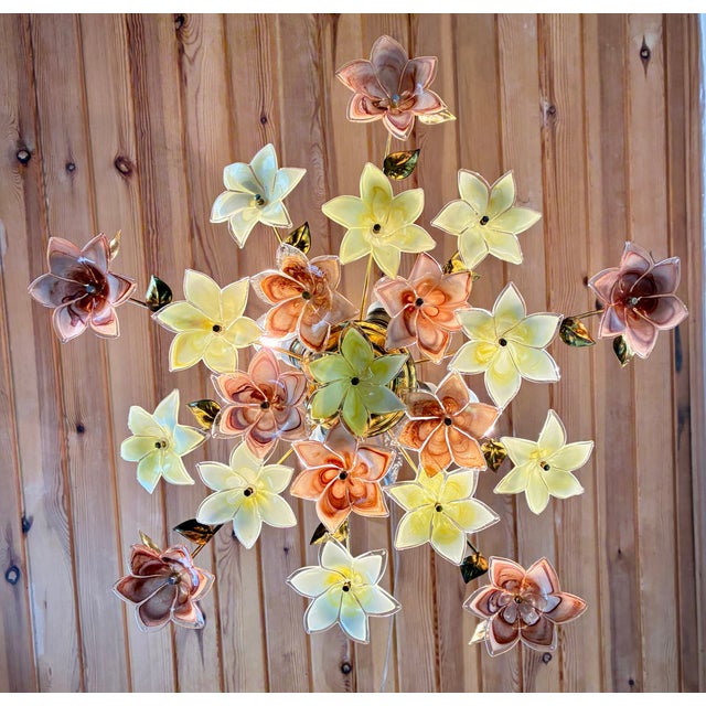 1980s Italian Floral Glass Flush Mount With 21 Yellow & Brown Murano Style Flowers For Sale - Image 18 of 18
