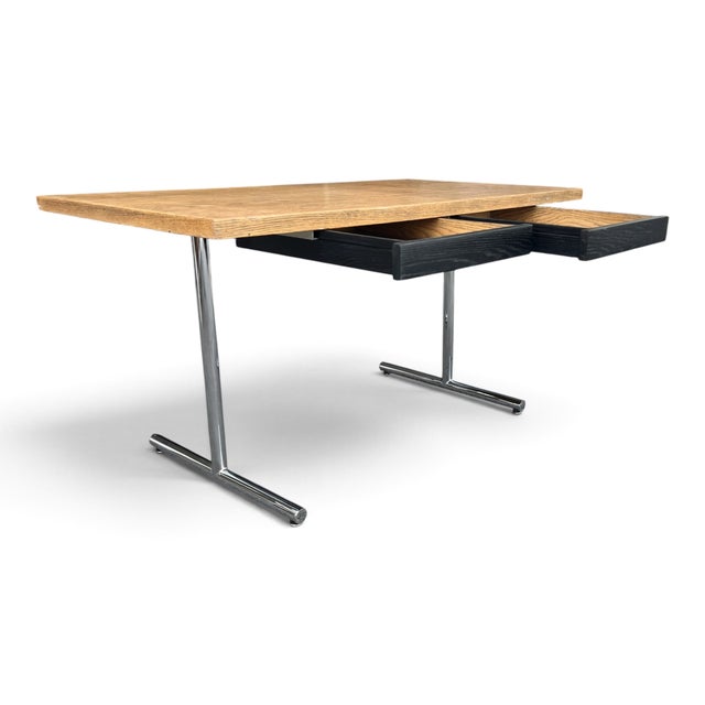 Brown Vintage Mid-Century Modern Oak Writing Desk With Black Drawers & Chrome Base For Sale - Image 8 of 15