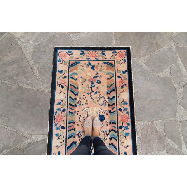 1910s Antique Chinese Botanical Figural Design Navy Blush Hand Knotted Pile Rug - 3’2” X 5’9” For Sale - Image 4 of 10
