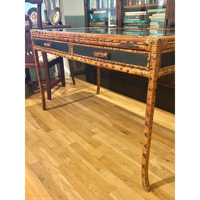 Vintage British Colonial Style Faux Bamboo Tortoise Finish Writing Desk With Matching Chair For Sale - Image 4 of 12