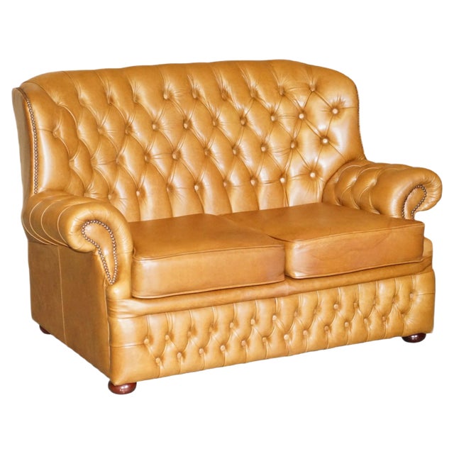 Small Wide Tan Leather Tufted Chesterfield Sofa with High Back For Sale