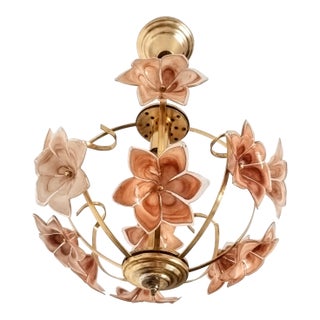 Vintage 1980s Murano Styled Glass Flower Chandelier – Brown Petals, Metal Frame – 1 E14 Bulb For Sale