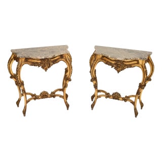 Vintage French Console Tables in Gilt Wood with Marble Tops, 1950, Set of 2 For Sale