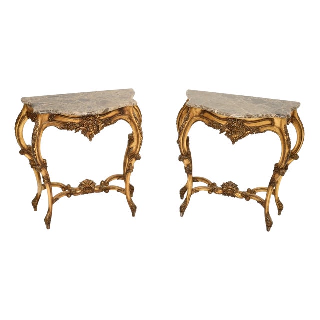 Vintage French Console Tables in Gilt Wood with Marble Tops, 1950, Set of 2 For Sale