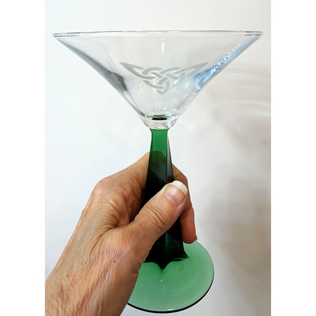 Vintage Martini/Cocktail Glasses With Etched Design and Green Stems - A Pair For Sale - Image 4 of 8