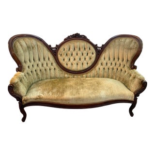 Mid 20th Century Kimball Victorian Style Soft Sage Green Velvet Tufted Cameo Sofa For Sale