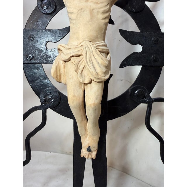 Large Vintage Carved Wood Wrought Iron Religious Wall Crucifix Cross Sculpture For Sale - Image 10 of 14