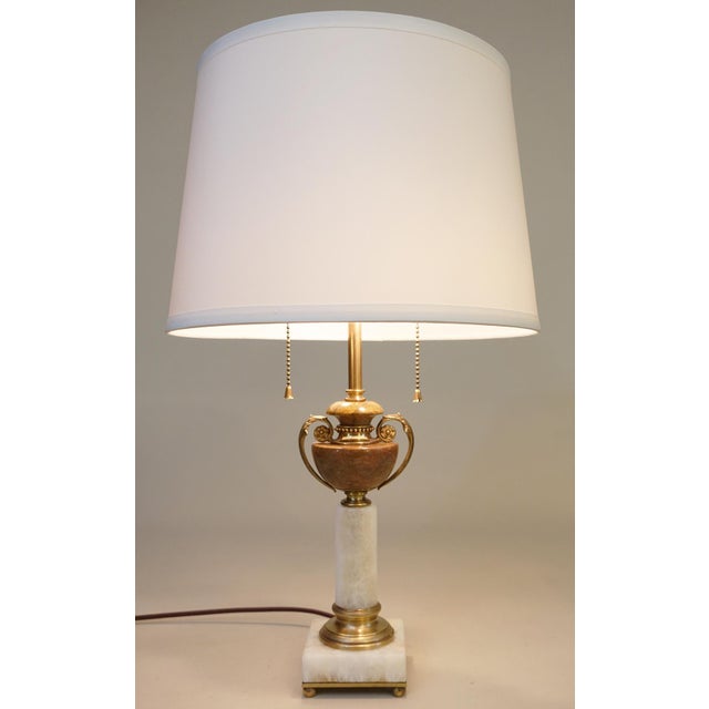 1930s Art Deco White Onyx Pink Marble Column Bronze Table Lamp For Sale - Image 4 of 11