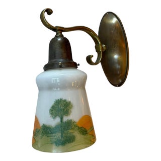 1920s Hand Painted Landscape Art Glass on Brass S Shape Armed Wall Sconce For Sale
