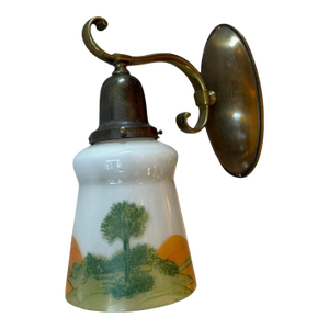 1920s Hand Painted Landscape Milk Glass on Brass S Shape Armed Wall Sconce