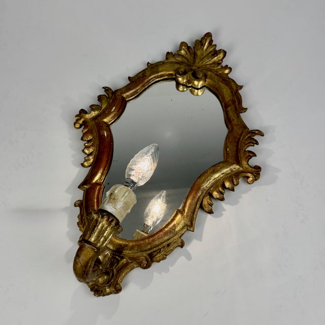 Vintage Rococo Style Gilded Wood Wall Mirror with Lamp, Italy, 1950s For Sale - Image 4 of 7