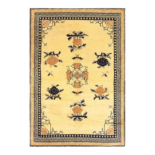 1920s Yellow Mustard Medallion Antique Chinese Khotan Rug 5' 4'' X 8' 0'' Knotted Pile Wool Carpet For Sale